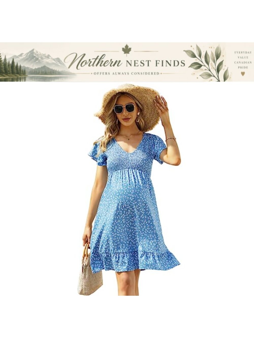 Maternity Smocked Flutter Sleeve V Neck Midi Dress Baby Shower Casual
